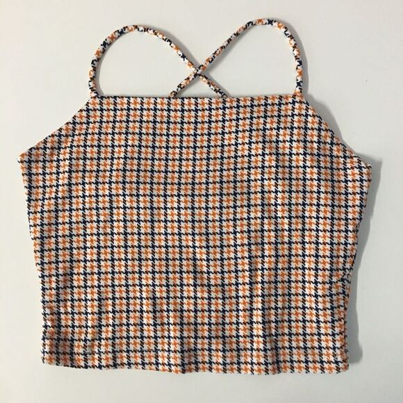 Diosa NWOT White|Black|Orange Houndstooth Square-Neck Cross-Back Crop Top Sz S - Picture 1 of 7